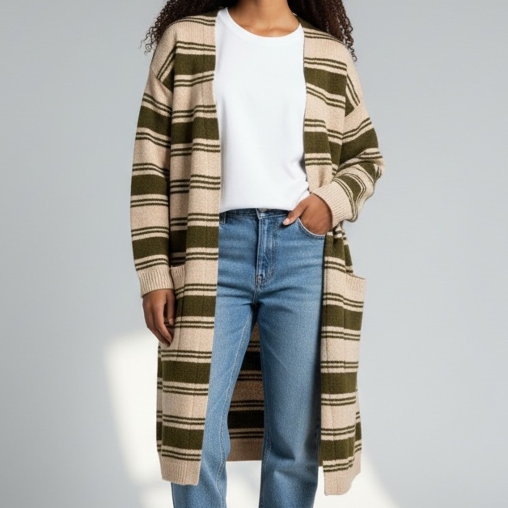 Knox Rose Women's Size Large Long Sleeve Open Front Cardigan Olive Striped